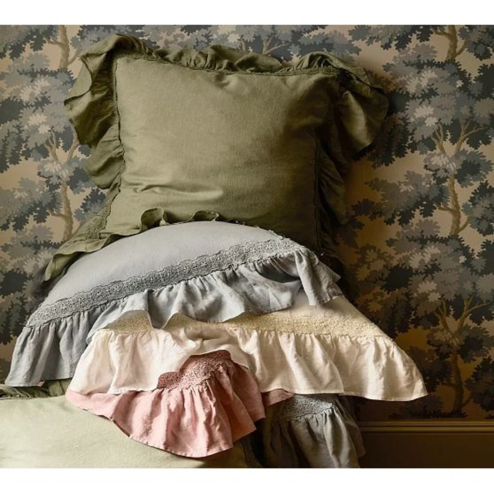 GreenRow Shabby Chic Pearl Blue Linen Ruffle Crochet Set of 2 King Pillow Cases